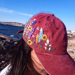 Hand Embroidered Hat , Custom Embroidered Cap ,Floral hat , Colorful hat, Personalized floral gift, Baseball cap, Gift for women