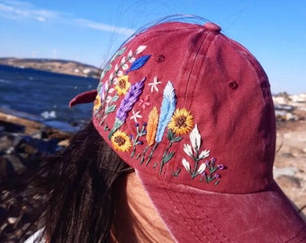 Hand Embroidered Hat , Custom Embroidered Cap ,Floral hat , Colorful hat, Personalized floral gift, Baseball cap, Gift for women