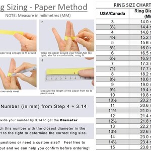 May include: Ring sizing guide using the paper method. Instructions include wrapping paper around the finger, marking the ends, and measuring the length in millimeters. A ring size chart is also included.