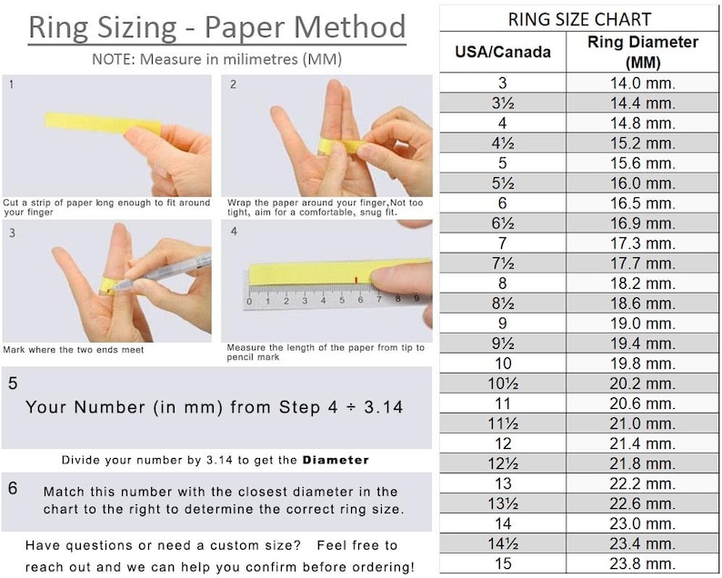 May include: Ring sizing guide using the paper method. Instructions include wrapping paper around the finger, marking the ends, and measuring the length in millimeters. A ring size chart is also included.