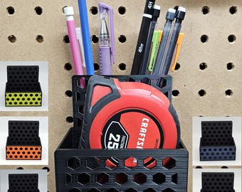 Pegboard Tape Measure holder: Built-in Pen/Pencil Slot, Standard or Skadis Pegboard