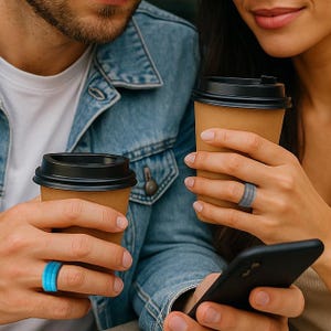 May include: A couple holding coffee cups, each wearing a silicone ring. One ring is blue, the other is gray. The rings are approximately 0.3 inches wide. The couple is also holding a smartphone.