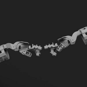 May include: A grayscale image of two robotic arms extending towards each other. The arms are composed of articulated segments, with visible joints and mechanical details. The background is a solid, dark gray.