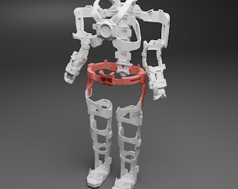 Könnte beinhalten: Ein weißes und korallenfarbenes Exoskelett-Gestell mit Gelenken für Arme, Beine und Rumpf. Der Rahmen besteht aus einem starren Material und ist zur Unterstützung des Körpers konzipiert. Das Exoskelett wird vor grauem Hintergrund gezeigt.