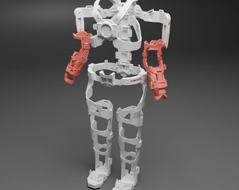 Könnte beinhalten: Ein weißes, artikuliertes Exoskelett mit roten Akzenten. Das Exoskelett ist für Beine und Arme konzipiert und umfasst ein Bruststück.