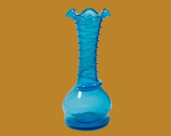 Blue Glass Hand Blow Swirl Vase Vintage