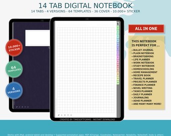 14 Tab Digital Notebook, 14 Hyperlinked Sections Portrait, All in One, PDF Notebook 12 Tabs, iPad Goodnotes, Lined Grid Dot Grid Plain