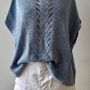 May include: A light blue knitted top with a lace pattern on the back. The top has short sleeves and a relaxed fit.