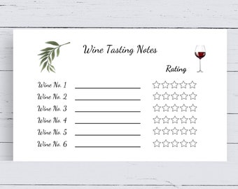 May include: A printable wine tasting notes sheet with a simple design. It includes a space for the name of the wine, a rating system using stars, and a space for notes.