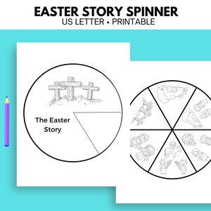 May include: Black and white printable Easter story spinner with a circle divided into six sections. Each section has a different image from the Easter story. The center circle has the text "The Easter Story".