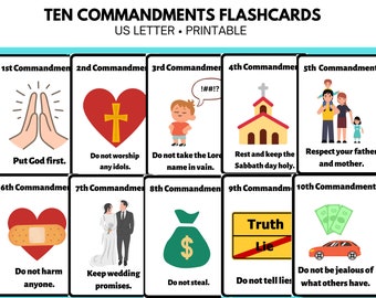 Ten Commandments Flash Cards, Sunday School Lesson, Bible Story Activity, Bible Story Craft, Printable