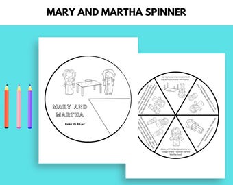 May include: A black and white illustrated spinner game with the text "MARY AND MARTHA SPINNER" at the top. The game features two circular sections with illustrations and text, along with three colored pencils on the left.