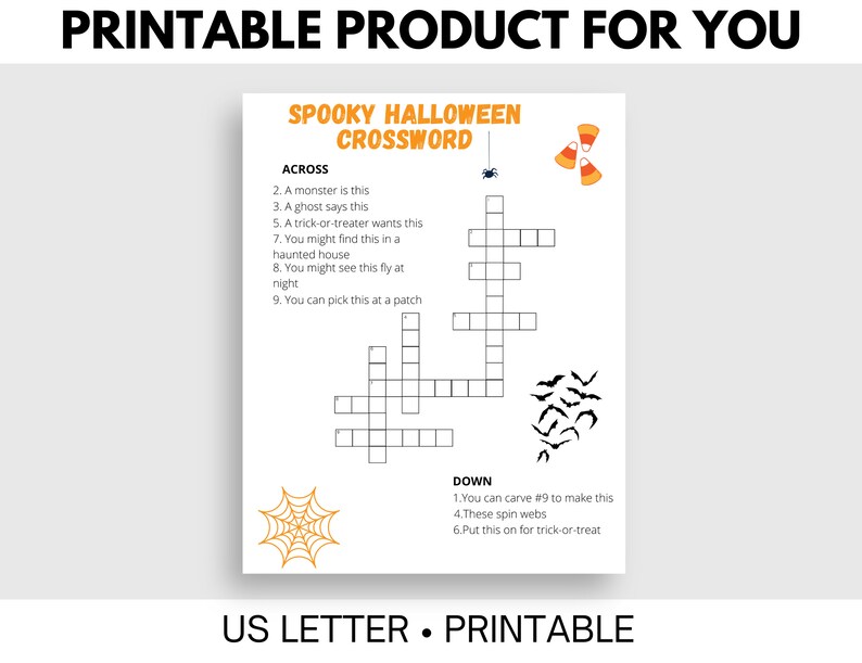 May include: Printable Halloween crossword puzzle with a spooky theme. The crossword puzzle has clues for words like "monster", "ghost", "trick-or-treater", "webs", and "pumpkin".