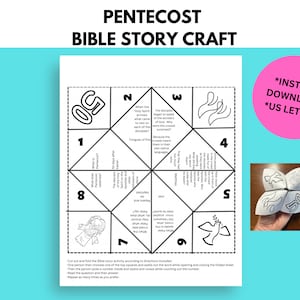 May include: Black and white printable Pentecost Bible story craft activity. The craft is a foldable cube with questions and answers about the story of Pentecost. The cube is designed to be cut out and folded.