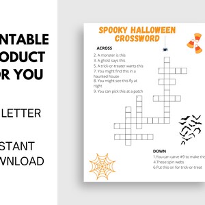 May include: Printable Halloween crossword puzzle with a black spider, bats, and candy corn. The crossword puzzle has nine clues across and six clues down. The clues are related to Halloween.