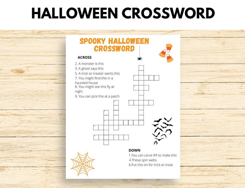 May include: A printable Halloween crossword puzzle with a spooky theme. The crossword puzzle features clues about Halloween traditions and symbols, such as monsters, ghosts, trick-or-treating, haunted houses, bats, and candy corn.