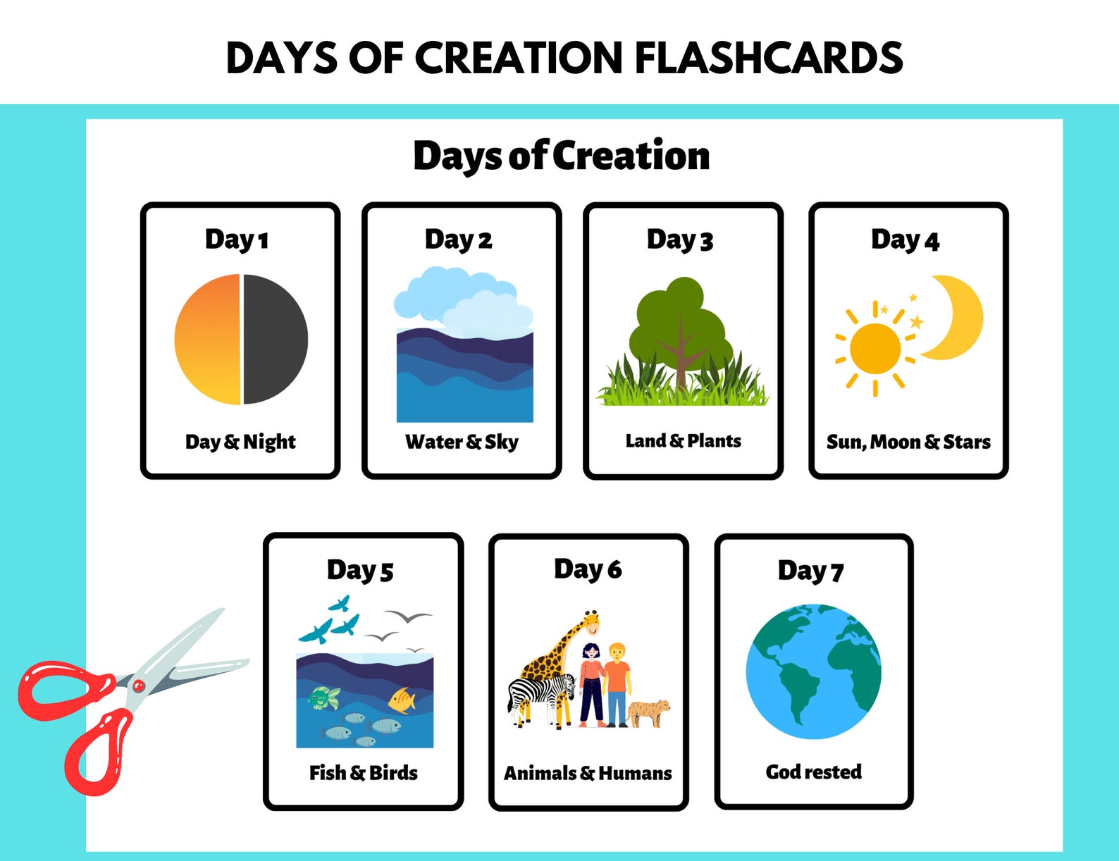 Days of Creation Flashcards, Sunday School Lesson, Bible Story Activity