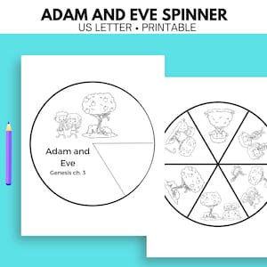 以下が含まれることがあります： 聖書の創世記の物語から、アダムとイブを描いた白黒の印刷可能なスピナー。スピナーは、木とアダムとイブが並んで立っている円形をしています。「アダムとイブ、創世記第3章」というテキストが画像の下にあります。スピナーは6つのセクションに分かれており、それぞれ異なる木の画像が描かれています。