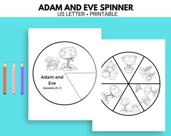 May include: Black and white printable spinner featuring Adam and Eve from the Bible story of Genesis. The spinner has a circle with a tree and Adam and Eve standing next to it. The text "Adam and Eve, Genesis ch. 3" is below the image. The spinner is divided into six sections, each with a different image of a tree.