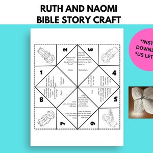 May include: Black and white printable Bible story craft for children. The craft is a foldable cube with pictures and questions about the story of Ruth and Naomi. The text includes the words "Ruth and Naomi Bible Story Craft", "Instant Download", and "US Letter".
