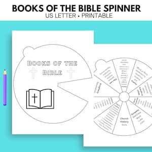 Peut inclure: Une roue de spin imprimable en noir et blanc avec le titre "Books of the Bible Spinner". La roue est divisée en sections pour les différentes catégories de livres de la Bible, y compris les Évangiles, l'histoire de l'Église, les grands prophètes, la poésie, la loi et les lettres. Chaque section liste les livres de la Bible qui appartiennent à cette catégorie.
