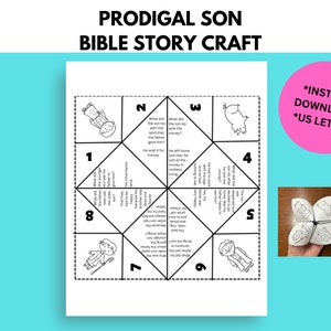 May include: Black and white printable craft activity for children. The craft is a foldable paper fortune teller with the story of the Prodigal Son from the Bible. The paper fortune teller has eight panels with text and illustrations.