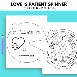 Liebe ist geduldig Sonntagsschulhandwerk, 1 Korinther 13 Bibelgeschichte-Aktivität, druckbarer Spinner, Malrad, VBS-Aktivität