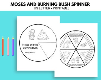 May include: A printable black and white spinner with a picture of Moses and the burning bush. The spinner has six sections with text and illustrations from the Bible story of Moses and the burning bush. The text includes the Bible verse Exodus 3-4:17.