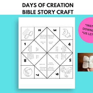 May include: A printable black and white craft activity for children to learn about the days of creation. The craft is a foldable paper fortune teller with questions about the days of creation and the book of Genesis. The printable includes a picture of a folded fortune teller.