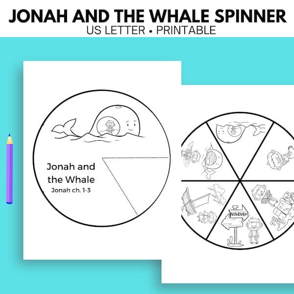 Jonah and the Whale Spinner, Jonah and the Whale Bible Story, Sunday School Craft, Vacation Bible School, Printable Spinner craft