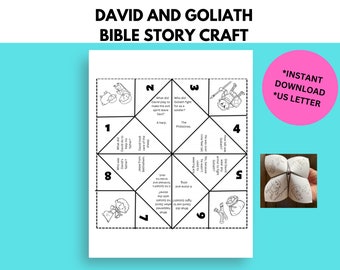 May include: A printable black and white craft activity for kids featuring the story of David and Goliath. The craft is a foldable fortune teller with questions and images related to the story. The text includes "David and Goliath Bible Story Craft" and "*Instant Download *US Letter".