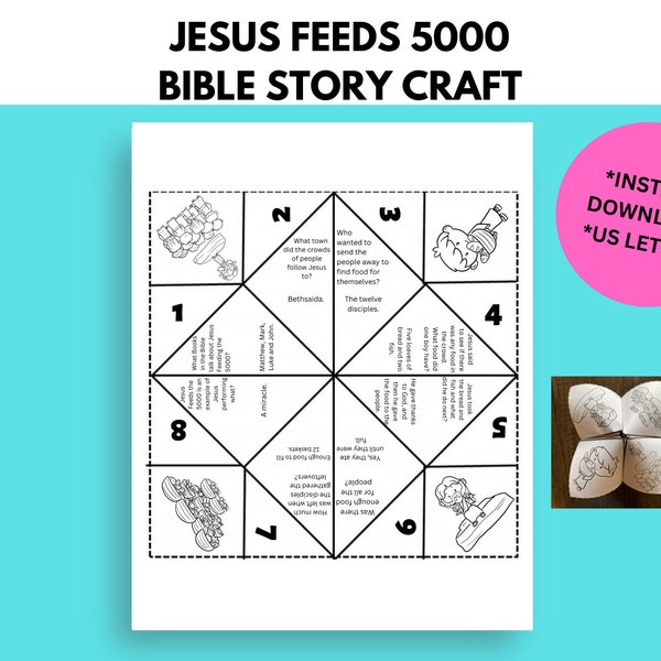 Jesus Feeds 5000 Bible Story Activity, Sunday School craft, Jesus Miracles, Printable Paper Craft, Fortune Teller, Cootie Catcher