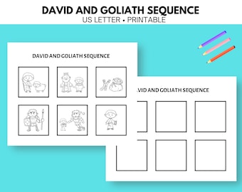 May include: A printable worksheet for kids to learn about the story of David and Goliath. The worksheet has two sections. The first section shows six black and white illustrations of the story. The second section has six blank boxes for kids to put the illustrations in the correct order.