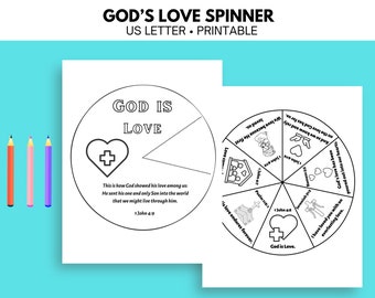 Pode incluir: Uma roda de spin imprimível em preto e branco com as palavras "Deus é Amor" no centro. A roda tem oito seções com versículos bíblicos e imagens relacionadas ao amor.
