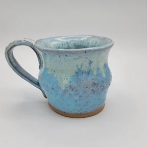 Handmade Snowflake Pottery Mug with Light Blue & Cream Glaze, Unique Hand Built Speckled Brownstone Clay Mug Holds 12 oz