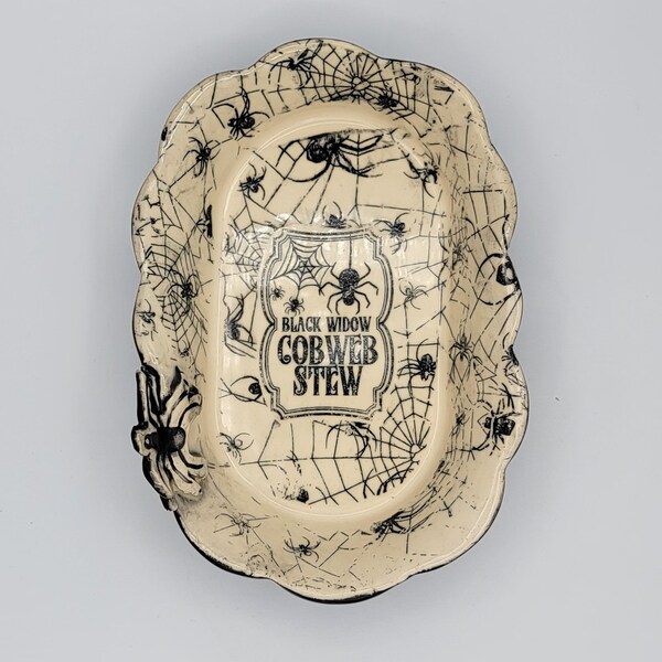 Festive Halloween Dish- Spiders & Spiderweb Pattern, Handmade Pottery- Serving Dish, Fruit or Candy Dish House Warming Gift, Kitchen Décor