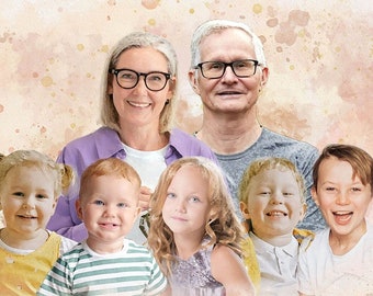 Custom Christmas Gift for Grandparents, Portrait with Grandchildren, Granny and Granddaughter and Grandson, Painting From Photos Xmas Gift