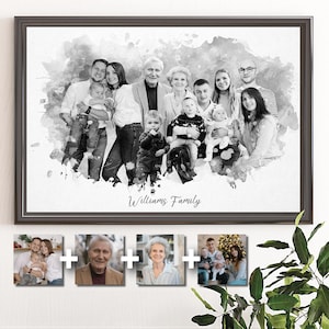 Black White Custom Family Portrait Personalized Sketch Christmas Holiday Gift Pencil Photo Merge Add Deceased Loved One Combine images