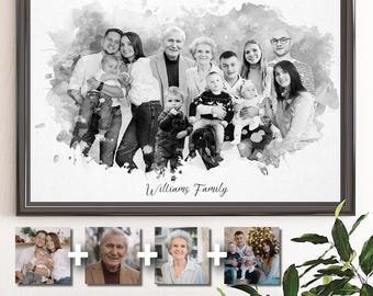 Black White Custom Family Portrait Personalized Sketch Birthday Gift Pencil Photo Merge Add Deceased Loved One Combine images
