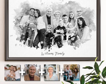 Black White Custom Family Canvas, Christmas Holiday Gift, Photo Merge Add Deceased Loved One, Combine Multiple Images, Drawing from Picture