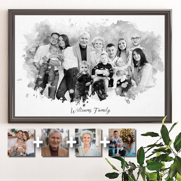 Fusion de photos de toile de famille personnalisées en noir et blanc, ajouter un être cher décédé à la photo, fusionner plusieurs images, dessin à partir d'une image, d'une photo