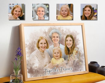 Watercolor Paintings From Photo - Custom Mother Portrait on Canvas - Personalized mothers day Gift, Custom Gift for Mother daughter Grandma