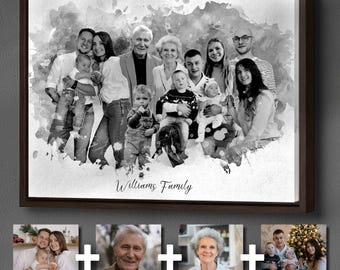 Personalized Anniversary Memorial Gift For Parents, Custom Family Portrait Watercolor Canvas Print Combined Photo From Multiple Pictures