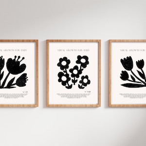 Black and White Flower Nursery Room Decor - High Contrast Black and White Set of 3 - Wall Hanging Digital Download