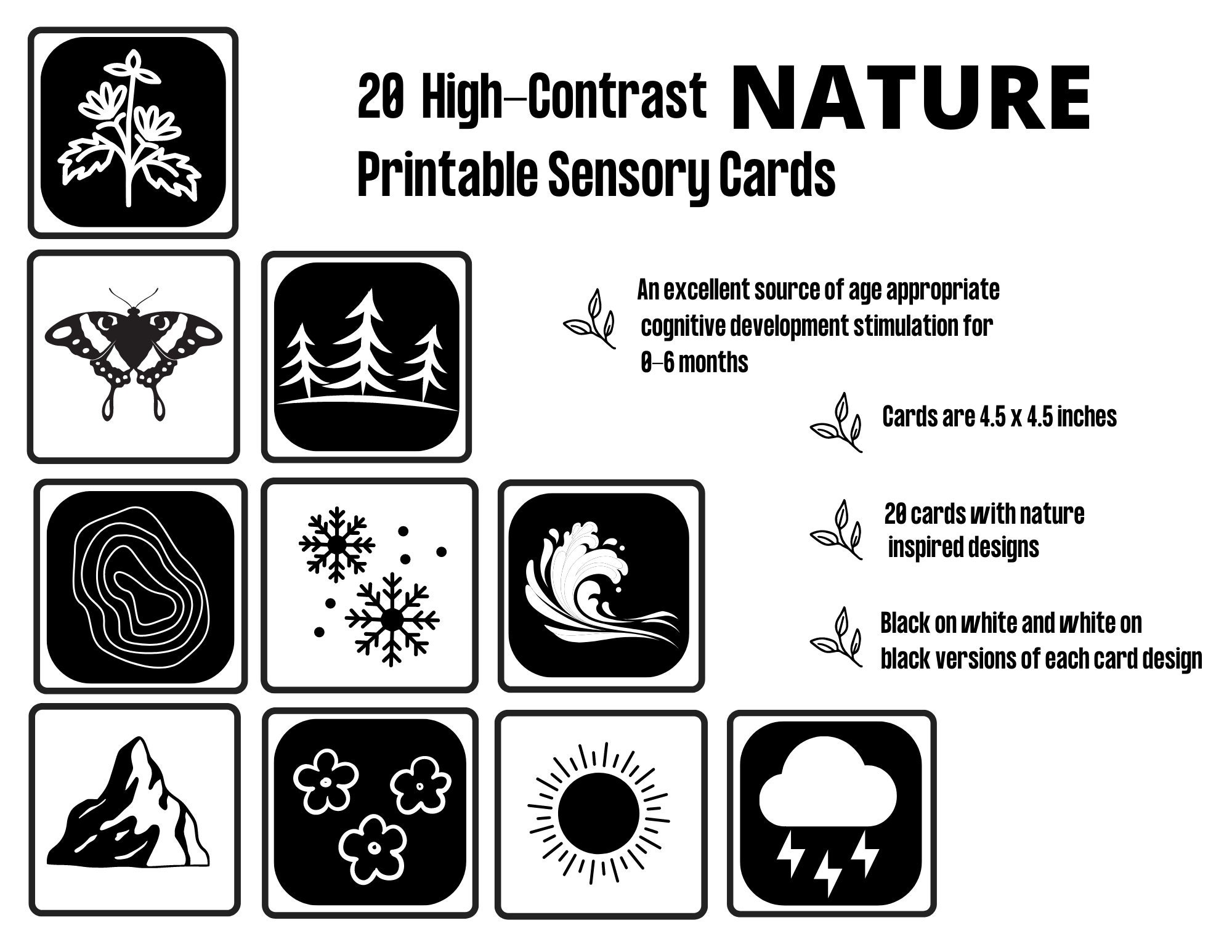20 Printable NATURE High-contrast Black and White Cards Infant Sensory ...