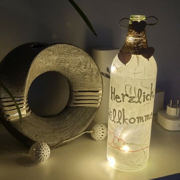 Flasche mit 10 ner LED_Lichterkette, mit Herzlich Willkommen,  Deko, Party, Geburtstag, Hochzeit Unikat, Neu, Deko!!
