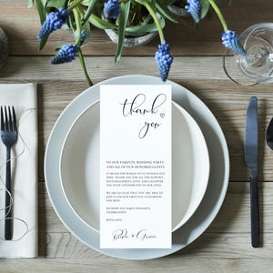 Tarjeta de agradecimiento para el menú de bodas, IMPRESA Y ENVIADA, carta de agradecimiento moderna, nota para servilleta de boda, clásica, 4 x 9 pulgadas, agradecimiento minimalista para bodas