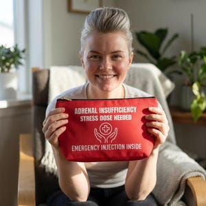 Può includere: Una pochette rettangolare rossa con cerniera che presenta il testo bianco ADRENAL INSUFFICIENCY STRESS DOSE NEEDED e EMERGENCY INJECTION INSIDE, con una grafica centrale bianca di due mani che sorreggono un cerchio contenente una croce medica.