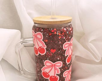 Cherry Bow Glitter Tumbler | 16oz Glass Mug | Snow Globe Cup