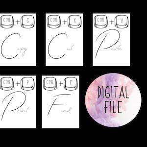 Op de afbeelding: Een set van zes digitale, afdrukbare kaarten met zwarte contouren en witte achtergronden. Elke kaart toont een sneltoets met de tekst "CTRL" en een letter, zoals "CTRL+C" voor "Kopiëren". De kaarten bevatten ook het woord "Kopiëren", "Knippen", "Plakken", "Afdrukken" en "Zoeken", geschreven in cursief. Een roze-paarse aquarelcirkel met de tekst "DIGITAAL BESTAND" bevindt zich in de rechterbenedenhoek.